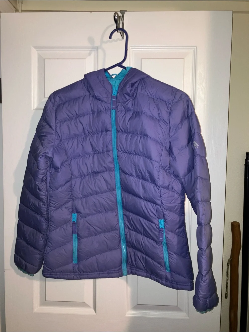 Snozu Hooded Puffer Jacket in Purple with Teal Zippers